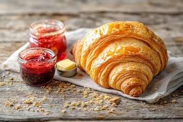 Wall Mural - Delicious golden brown croissant accompanied by assorted jam in glass jars and butter on a rustic wooden surface for a tasty continental breakfast.