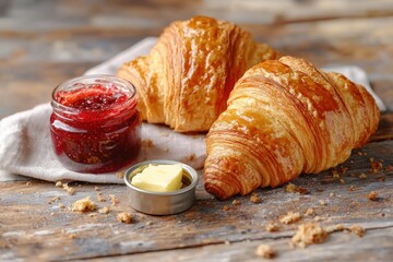 Wall Mural - Two golden croissants, accompanied by berry jam and butter, are arranged beautifully on a rustic wood table, creating an inviting scene for a delightful breakfast.