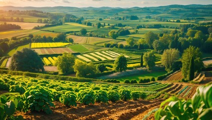 Wall Mural - Lush Panoramic Landscape of Fertile Fields in Rural Countryside with Vibrant Green Rows and Gentle Rolling Hills under a Blue Sky