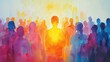 © Phatharaporn - Watercolor painting of a crowd of people, various shades of warm and cool colors, central figure glowing with inner light, hopeful and spiritual feeling.