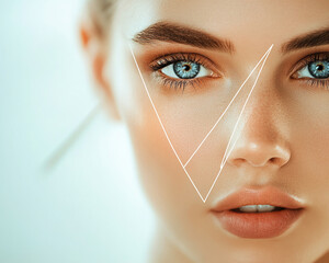 Close-up portrait of a young woman with blue eyes, soft makeup, and geometric lines crossing her face, symbolizing modern beauty, artistic design, and digital aesthetics.