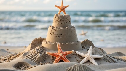 Wall Mural - Sandcastle with Starfish on Beach Shoreline Creating a Tranquil Coastal Scene Ideal for Summer Themed Advertisements and Promotions