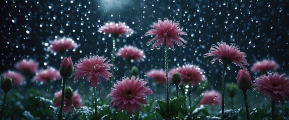 Wall Mural - Raindrops on Vibrant Pink Flowers in Dark Atmosphere Creating a Fresh and Serene Mood with Soft Selective Focus