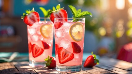 Wall Mural - Refreshing Strawberry Lemonade with Fresh Strawberries and Mint Leaves in Sunlit Setting