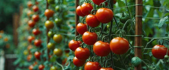 Wall Mural - Vibrant Ripe Tomatoes Growing on String Trellis in Lush Garden with Selective Focus and Blurred Background for Gardening Inspiration