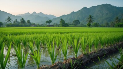 Wall Mural - Vibrant Jasmine Rice Seedlings in Lush Green Fields with Mountain Backdrop and Morning Light Ideal for Agricultural and Nature Themes