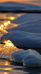 Wall Mural - Glimmering ice formations reflect sunset light over calm water creating a serene winter landscape