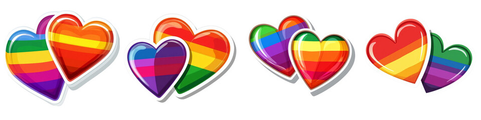 set of Pride logo design with two hearts, one rainbow colored, red or yellow outline vector illustration, two hearts with a rainbow touch, two hearts, one love color, on a transparent backgrounds