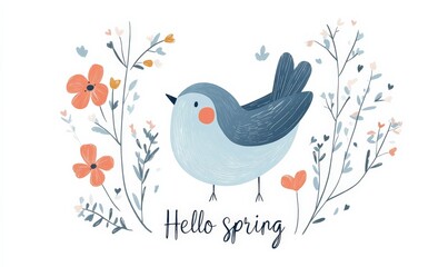 Wall Mural - hello spring - modern calligraphy inspirational text on floral background with cute painted birds.