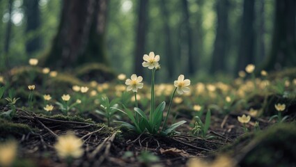 Wall Mural - delicate white flowers blooming in a lush green forest with soft morning light filtering through trees