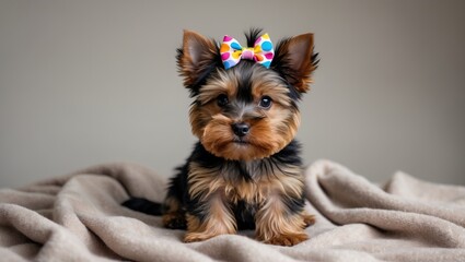 Wall Mural - Cute Yorkshire Terrier puppy with colorful bow sitting on soft blanket indoors in natural light