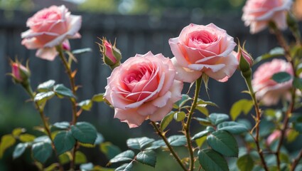 Canvas Print - Pink roses in full bloom with green leaves and buds in a garden setting against a blurred background of wooden fence.