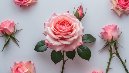 Canvas Print - Pink roses composition on a light background featuring a large blooming rose surrounded by smaller roses and rose buds.