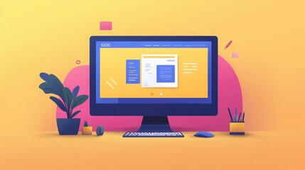 An image of a website design in progress on a large monitor, with coding scripts and design tools around, emphasizing creativity and technical expertise.