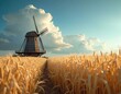 © Grapy Media - Windmill Silhouette at Golden Wheat Field Agriculture Rural Landscape Under a Bright Sunny Sky Day