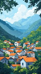 Wall Mural - A mountain village with houses and a forest in the background