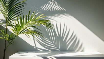 Wall Mural - Green palm leaves casting shadows on a light wall with a white table underneath creating a tranquil interior composition