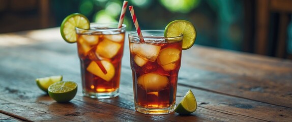 Canvas Print - Iced tea drinks with lime garnishes served in glasses with ice on a wooden table with fresh lime wedges in natural light