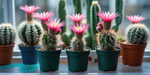 Sticker - Colorful flowering cacti in pots positioned on a windowsill with blurred background of additional cacti and natural light