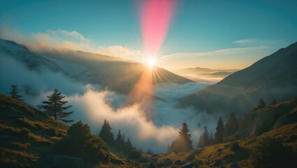 Poster - Sunrise over a misty valley with mountains and evergreen trees under a clear blue sky and sunlight rays breaking through the clouds