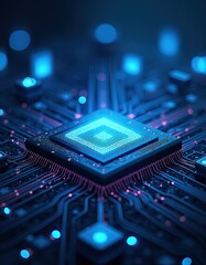 AI High-Tech Quantum Computer with Digital Holographic Data Processing. AI-driven computing marketing, cybersecurity branding, tech conference presentations, data science industry visuals, background