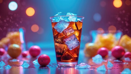 Wall Mural - Colorful cocktail in a glass cup filled with ice and drink on reflective surface with fruits and blurred bokeh lights in the background