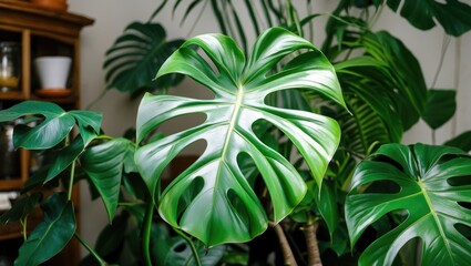 Canvas Print - Close-up of vibrant green Monstera leaves in a home interior with soft lighting and wooden furniture in the background