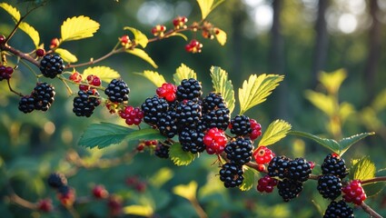 Wall Mural - Blackberries and red berries growing on a branch with green leaves against a blurred natural background in soft evening light