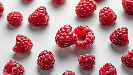 Wall Mural - Fresh ripe raspberries arranged on a light surface with one raspberry halved to show interior details and texture.