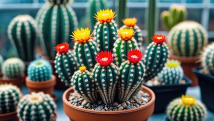 Wall Mural - Cactus plants with vibrant yellow and red flowers in various pots on a display table in a greenhouse setting