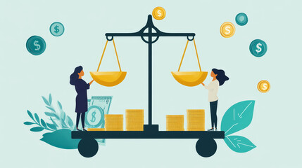 Business balance with idea bulb and cartoon finance concept, vector illustration. Flat creative man woman character near weight scales. Compare bank investment, currency coin money.