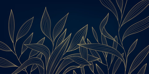 Vector art deco leaves pattern, line floral luxury background. Vintage wave plant modern ornament, graphic jungle fancy illustration