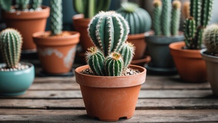 Wall Mural - Cactus plants in terracotta pots arranged on wooden surface in a greenhouse setting, showcasing various species and growth patterns