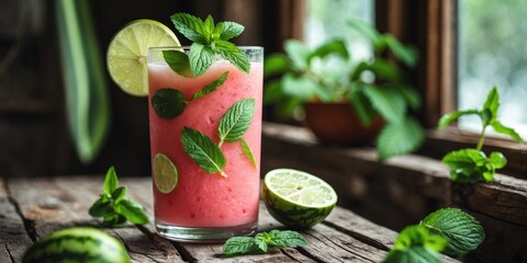 Wall Mural - Fresh watermelon and lime smoothie garnished with mint leaves in a glass on rustic wooden table with sliced lime and watermelon on the side.