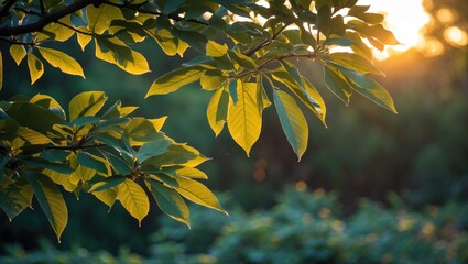 Wall Mural - Sunlight filtering through green leaves on a branch with a blurred background during golden hour in nature setting