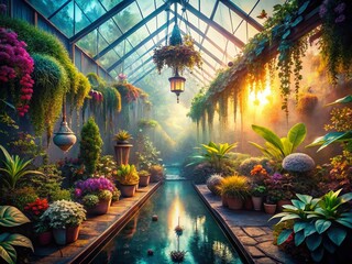 Wall Mural - Surreal Interior Greenhouse: Floating Plants & Ethereal Light