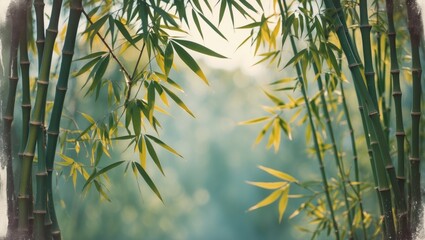 Poster - Bamboo leaves and stalks with a blurred green background in a tranquil natural setting, soft focus on foliage and light filtering through leaves