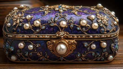 Ornate jeweled box on wood; close-up