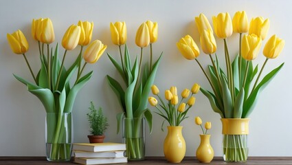 Canvas Print - Yellow tulips in various vases on a wooden table with books and small potted plant against a neutral background