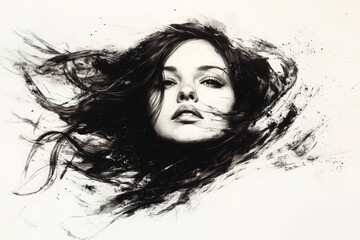 Poster - Artistic portrait of a woman with flowing hair captured in abstract black ink style