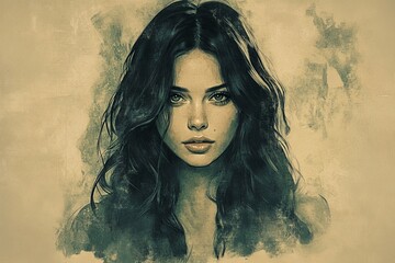 Poster - Stylized portrait of a woman with flowing dark hair against a textured background showcasing artistic expression