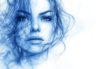 Poster - Stunning artistic portrait of a woman with flowing blue lines and intricate details illustrating beauty and emotion