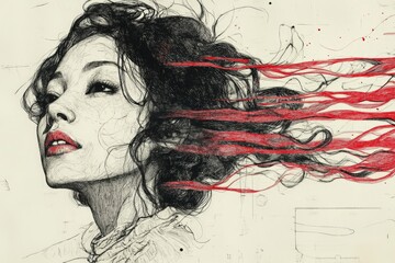 Aufkleber - Unique artistic portrayal of a woman with flowing hair and vivid colors in a creative illustration