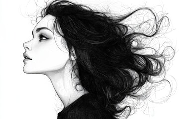 Poster - Portrait of a woman with flowing hair in profile against a minimal background showcasing elegance and beauty
