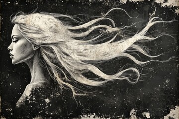 Poster - Portrait of a woman with flowing hair against a dark textured background capturing a sense of movement and emotion