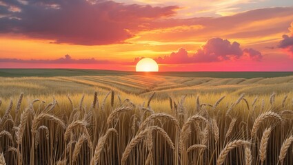 Wall Mural - Golden wheat field under sunset sky with vibrant clouds and distant horizon in a rural landscape.