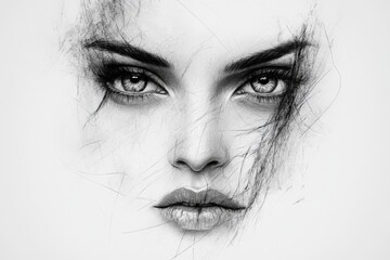 Poster - Unique black and white portrait of a woman with intense eyes and delicate features showcasing artistic detail