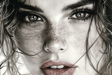 Poster - Stunning close-up portrait of a young woman with freckles and piercing eyes capturing intricate details in monochrome style