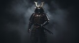 Warrior Samurai Standing Tall in Full Armor with Sword and Smoke