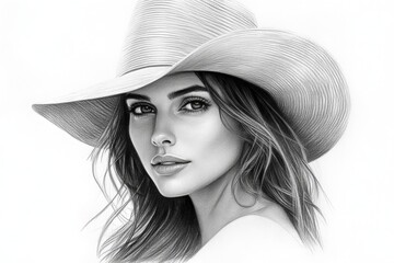 Aufkleber - Elegant woman in a wide-brimmed hat with wavy hair and captivating gaze captured in intricate pencil sketch art